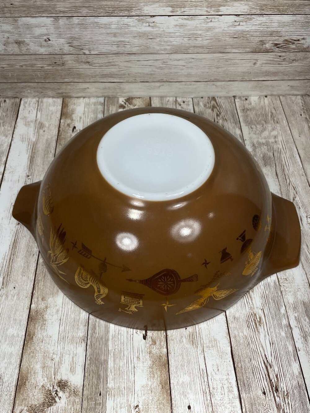 Vtg Pyrex 444 Early American Cinderella 4 Qt Mixing Bowl Rooster Brown Gold EUC - Picture 4 of 7